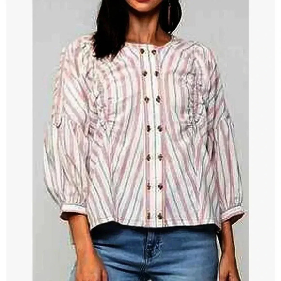 NEW BLUHEAVEN by Umgee M Red white striped Bishop Sleeve Button Down - Picture 2 of 4